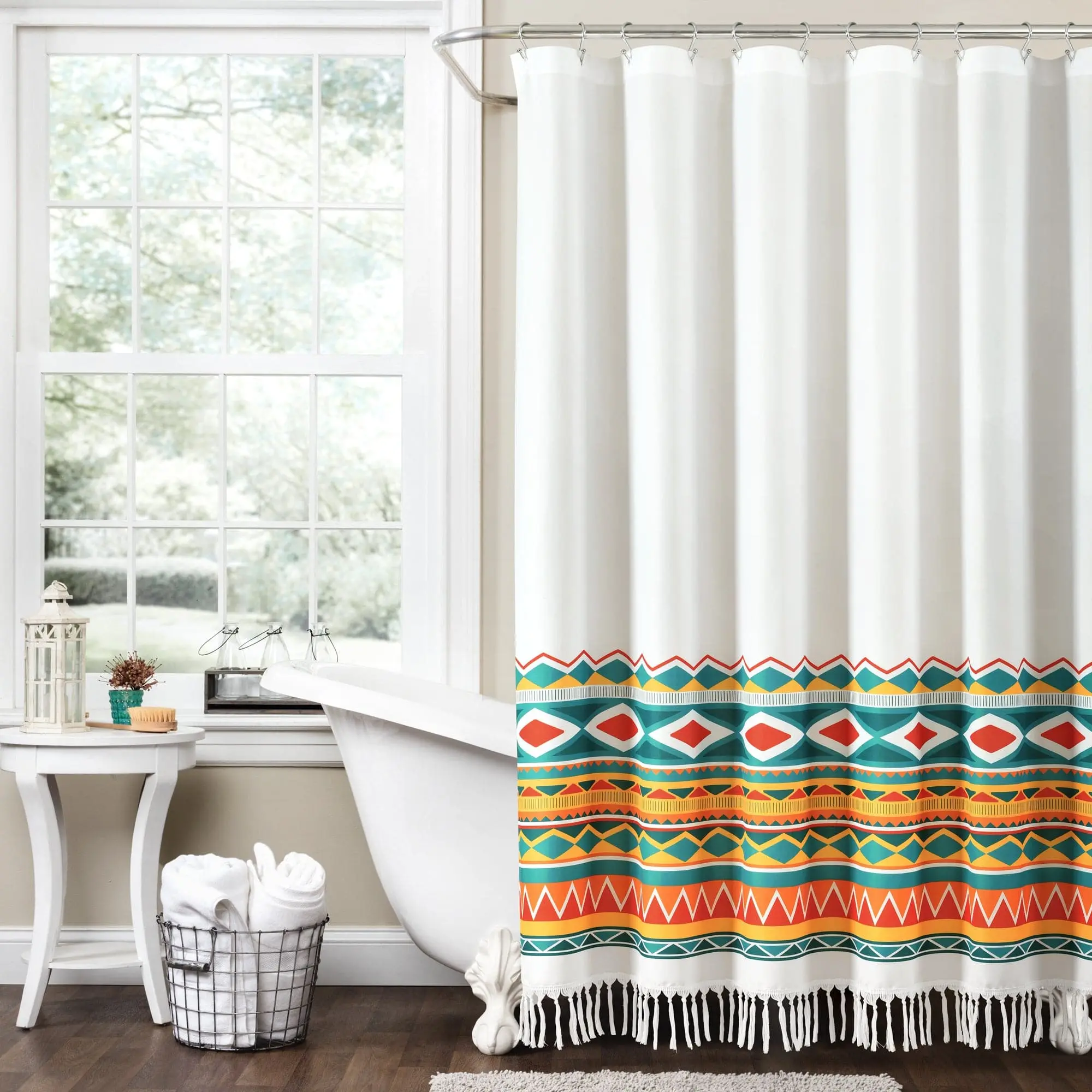 Lush Decor Boho Pattern Viviane Geo Fringe Edge Decorative Shower Curtain Set - 72"w x 70"l + 2.5" Tassel Fringe, Southwest Vibe Bathroom Home Supply for Bathtub Use