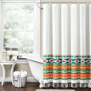 Lush Decor Boho Viviane Geo Fringe Shower Curtain - Decorative Shower Curtain for Bathtub, Ideal for Bathing and Decor