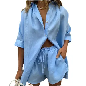 New European and American women's fashion solid color single-breasted short-sleeve shirt and shorts loose casual suit in 6 colors