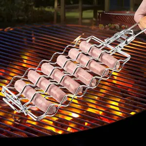 Sausage Grill Basket, 6 Hot Dogs Grill Rack, BBQ Net Clamp Rack, Removable Wooden Handle, 304 Stainless Steel, Nesting BBQ Tools, Smoker Grilling Accessories for Vegetable, Outdoor Cooking Camping, Barbecue Utensils, Birthday Gifts for Men Dad Husband
