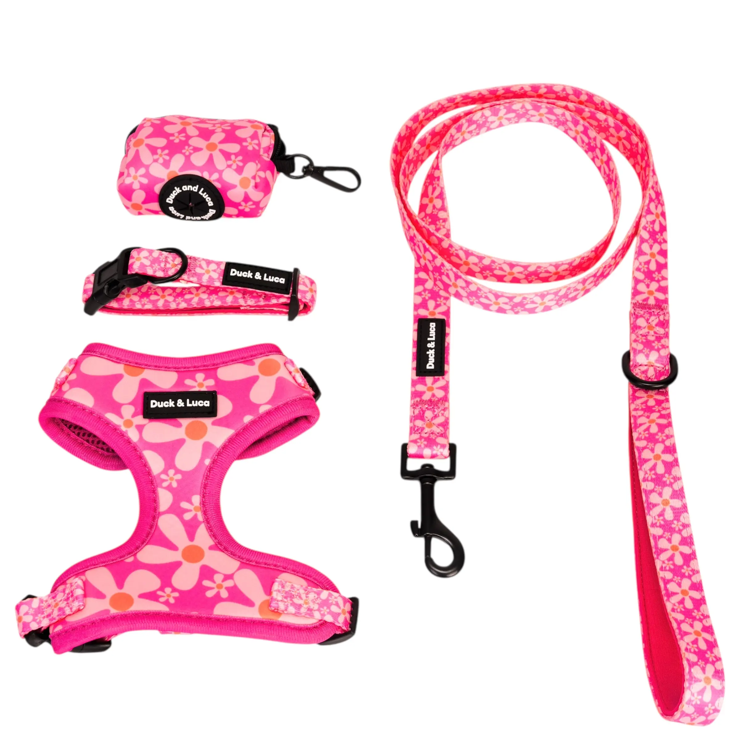 Duck & Luca 4-Piece Pet Bundle - Groovy Pink Flower Design for Dogs - Includes Harness, Leash, Collar, and Poop Bag