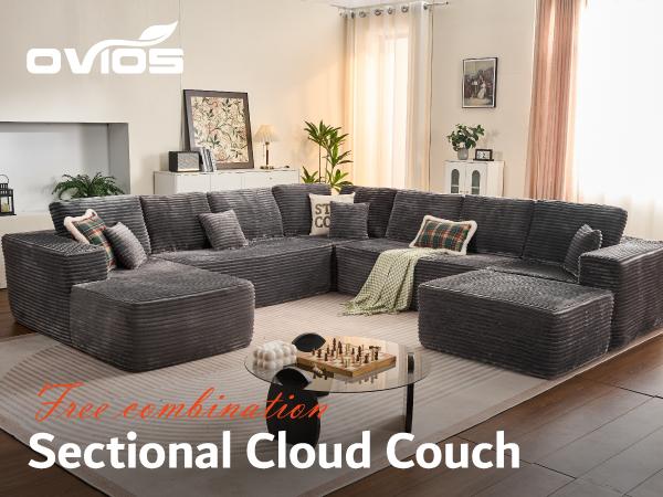 【5 Packages Shipping】Ovios 136" Sectional Cloud Couch for Living Room, Modular Floor Sofa with Plush Corduroy, No Assembly Required, Big Comfy Couches Set with Fluffy Memory Foam, Stupendous U Shaped Sofas with Chaise