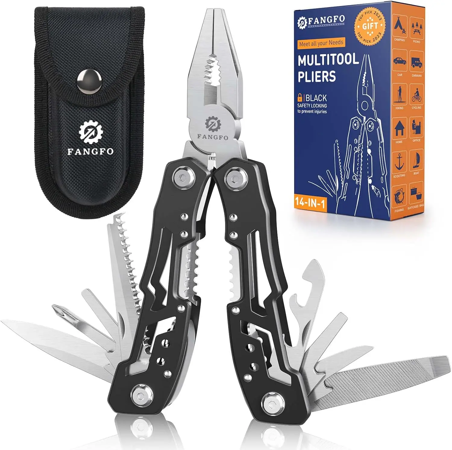 14-In-1 Multitool with Safety Locking, Professional Stainless Steel Multitool Pliers Pocket Knife, Bottle Opener, Screwdriver with Nylon Sheath ，Apply to Survival,Camping, Hunting and Hiking 1 Pcs fangfo