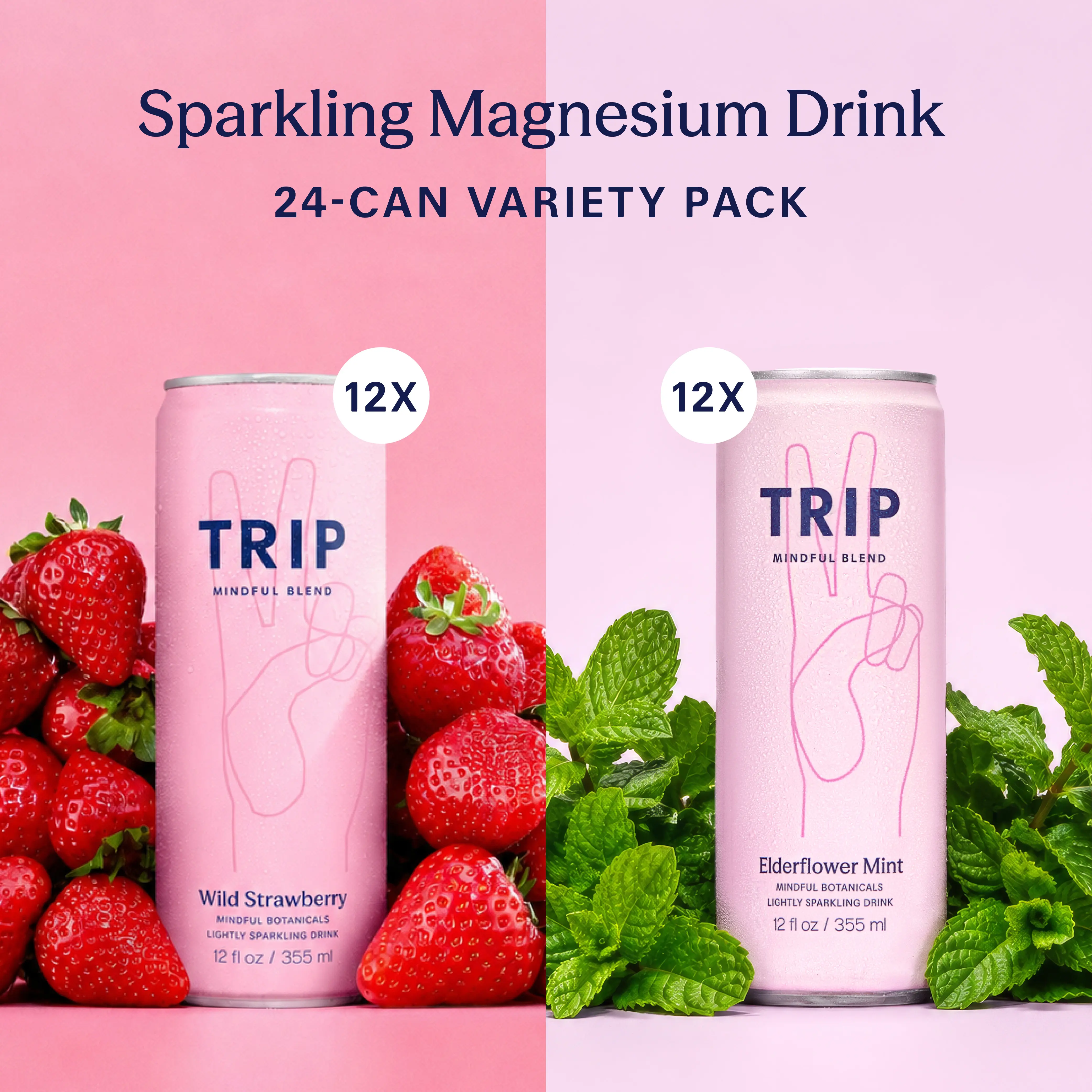 TRIP Magnesium & Adaptogen 24-Pack: Elderflower Mint + Wild Strawberry Lightly Sparkling Seltzer – Ashwagandha, Lion’s Mane & L-Theanine, Low Calorie, Vegan Mocktails