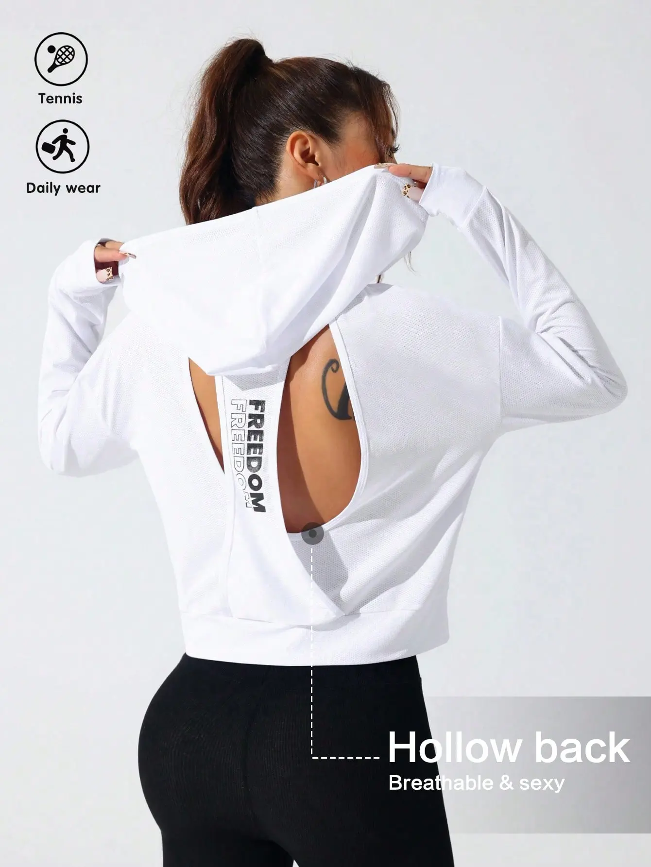 FITHUB Hollow Out Minimalist Letter Print Casual Long Sleeve Sweatshirt Women Graphic Top Streetwear Fall Fashion Trendy Everyday