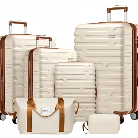 Cream 6-Piece Expandable Hard Sided Travel Luggage Set - 18/20/24/28in, 4 Wheels 360 Rotation, TSA Lock, Anti-Theft, Weekend & Toiletry Bag, Airport-Friendly, Abrasion Resistant, Baggage Solution