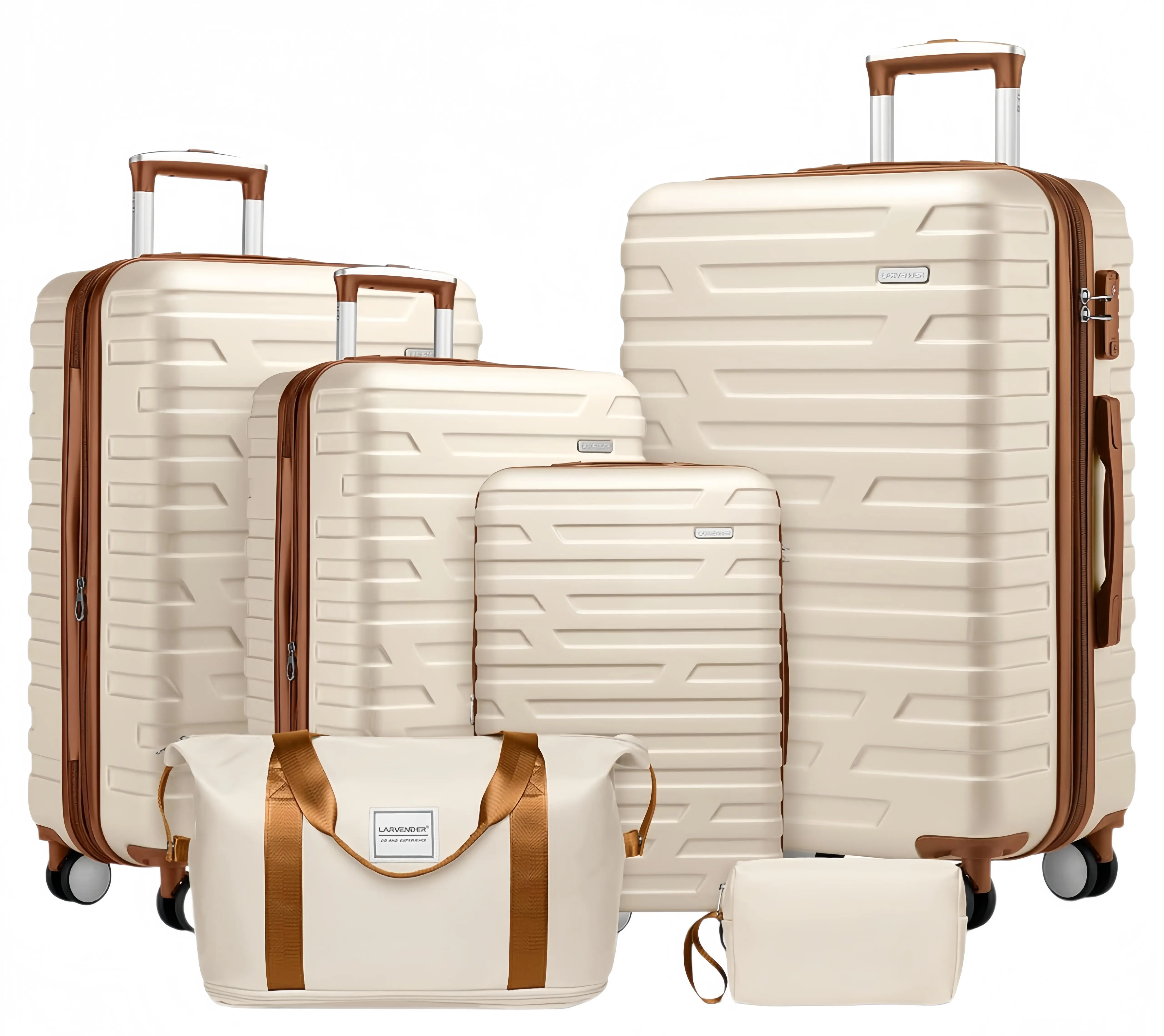Cream 6-Piece Expandable Hardside Spinner Luggage Set for International Travel, ABS Plastic, 360° Rotation Universal Wheels, TSA Lock Anti-Theft System, 18/20/24/28in, Luggage Bag & Wash Bag Included, Travel Bundle, Luggage Sets