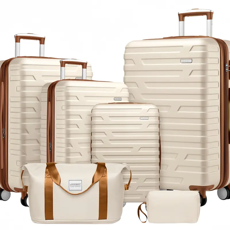 Cream 6-Piece Expandable Hard Sided Travel Luggage Set - 18/20/24/28in, 4 Wheels 360 Rotation, TSA Lock, Anti-Theft, Weekend & Toiletry Bag, Airport-Friendly, Abrasion Resistant, Baggage Solution