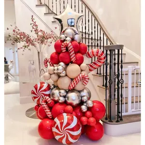 Christmas Balloon Arch Kit - Christmas Tree Garland Xmas Red Silver Beige and Candy Foil Silver Star Balloons for Christmas Party Decorations Birthday Party New Year Party