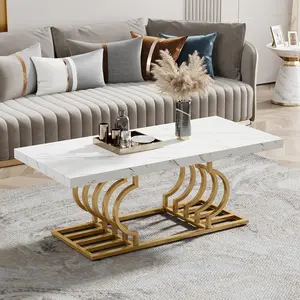 TRIBEWOOD Modern Coffee Table, 47 Inch Faux Marble Cocktail Table with Geometric Frame, Rectangular Center Table Tea Table Accent Furniture for Living Room, Simple Assembly