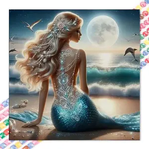 1 set of DIY diamond painting kit, 5D diamond art set, DIY decoration mermaid, waves, moonlight mosaic, diamond art, DIY art home decor, suitable for Christmas.