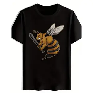 Men'S Casual Black T-Shirt With Cartoon Bee Graphic – Soft Crew Neck Tee, Short
