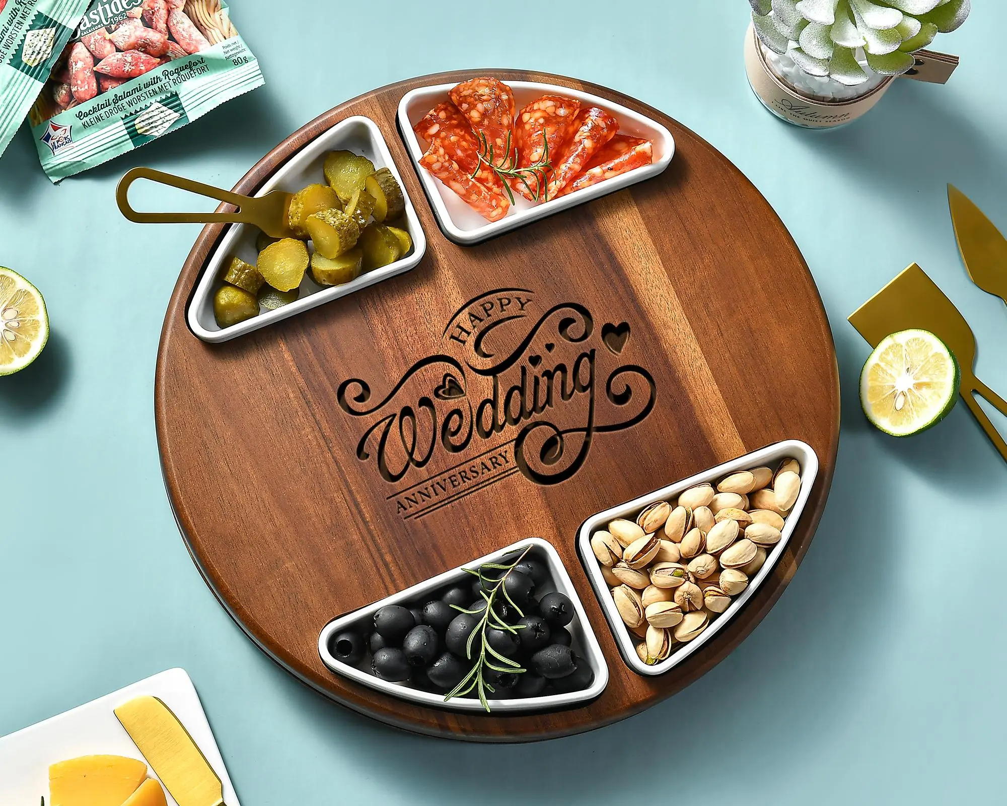 Custom Engraved Round Lazy Susan Cheese Board, Charcuterie Tray with 360 Degree Rotation & Ceramic Bowls, Personalized 5th Anniversary Gift