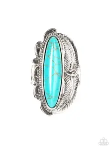 Rural Resort - Blue Turquoise Oblong Oval Stone fits in Leafy Silver Feathers and Scalloped Silver Accents Silver Stretchy Ring
