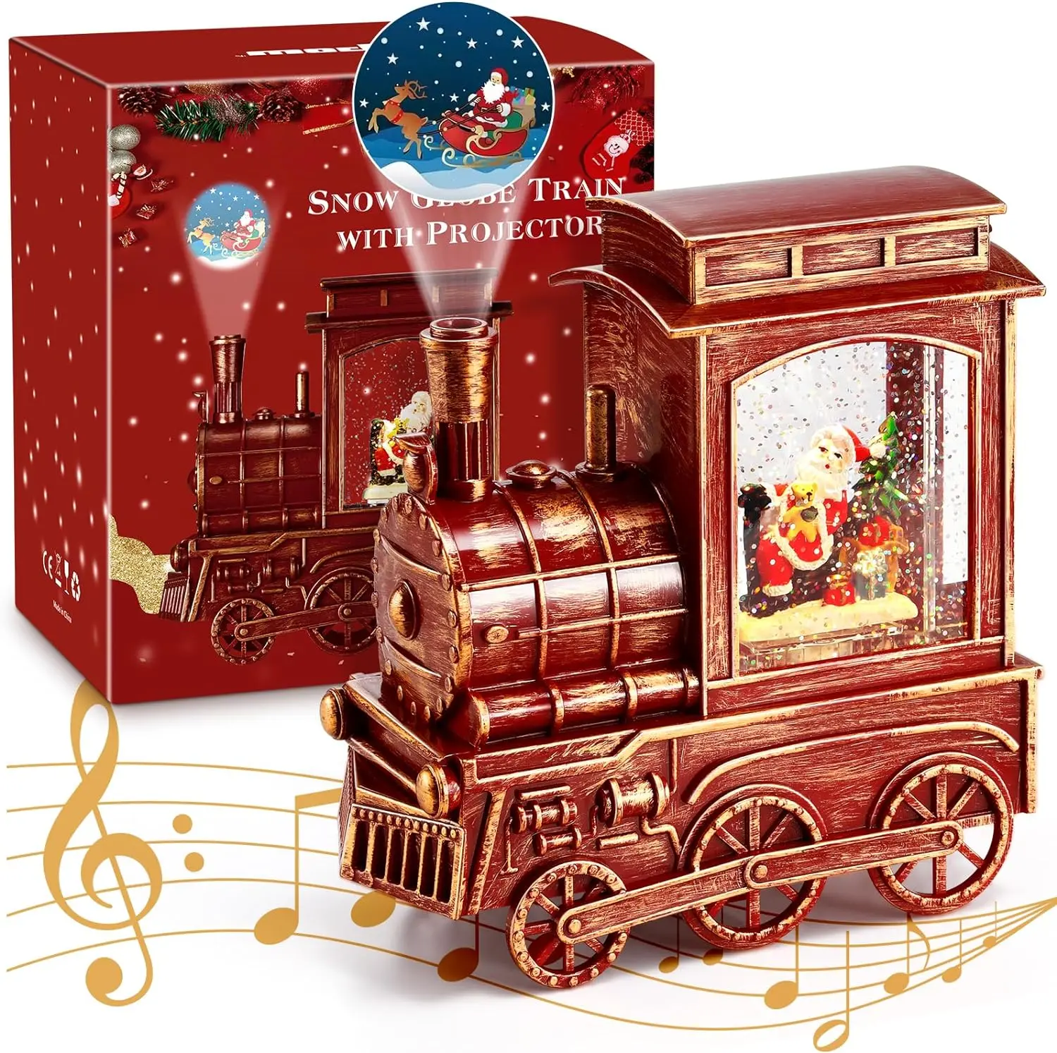 Retro Christmas Santa Globe LED Lantern with Train Carriage - Santa Sleigh Projection, Water-Swirling Glitter, Musical, USB/AA Batteries Power, 6H On & 18H Off Light, Dining Table Home Decoration Gift, Room Accessory
