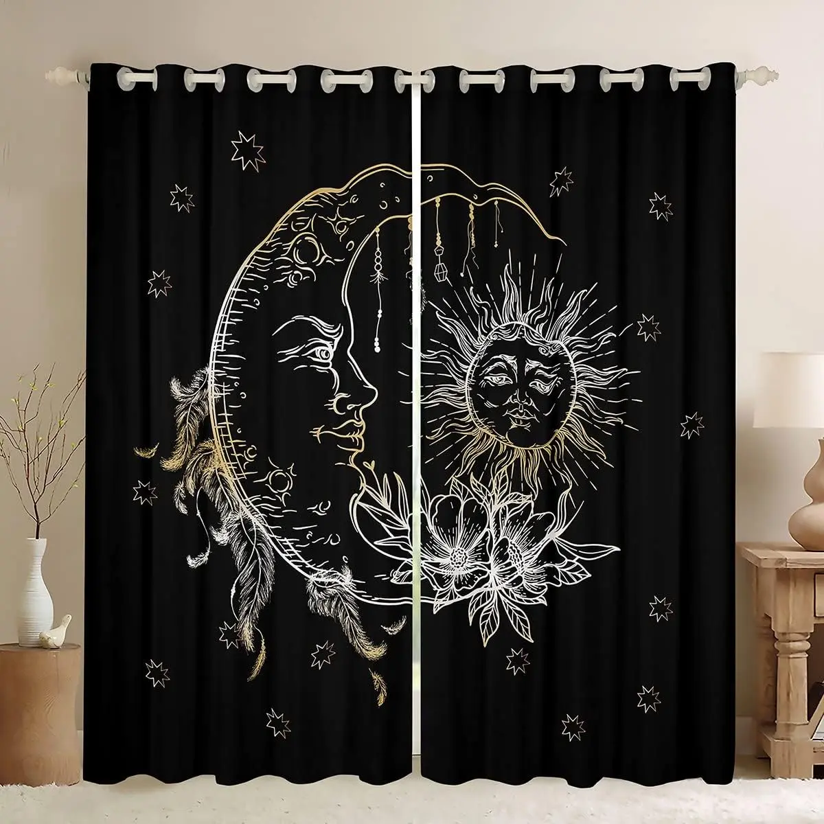 Feelyou Boho Hippie Sun and Moon All-Over Print Privacy Grommet Home Decorative Window Curtains - 30%-50% Darkening, Easy to Hang, 38x54/42x63 in Sizes, Bedroom Girly Accessory, Christmas Gift, Home Decorative Curtain, Window Curtains Bedroom
