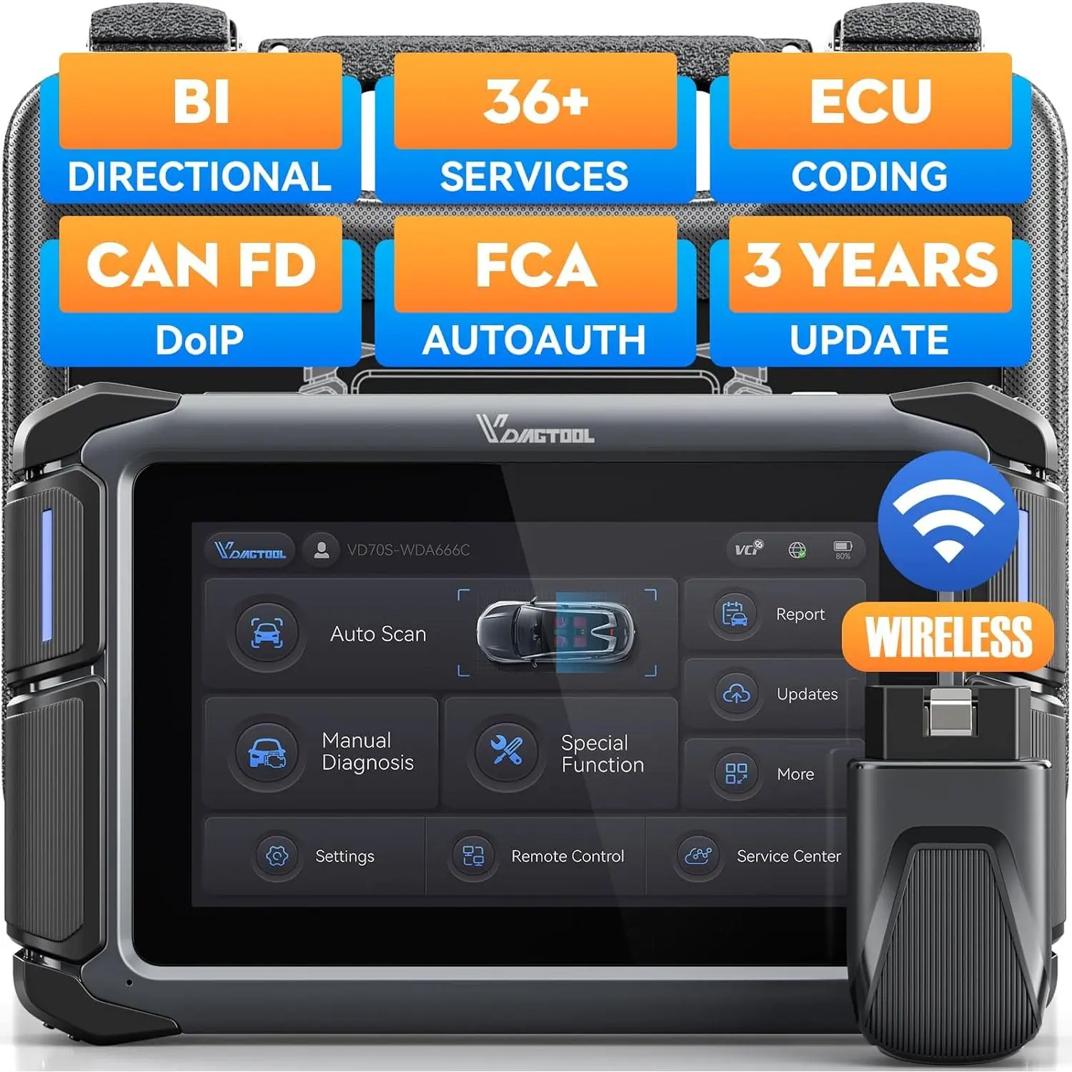 VDIAGTOOL VD70S Bidirectional Wireless OBD2 Automotive Scan Tool - Android 10.0, 36+ Resets, FCA Autoauth, CAN FD & DoIP, All-Systems Diagnostics, ECU Coding, PMI, V.A.G Guide, 3-Year Updates, Father's Day Gift Option