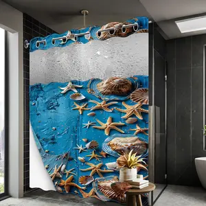 1 Pack No Hook Double Layer Shower Curtain, Blue Wood Starfish Shell Print Bath Curtain, Machine Washable, Waterproof, Mildew Resistant, Durable Fabric, Coastal Beach Bathroom Decor, Removable Liner, Top See-Through Window, Partition Curtain 71"×74"