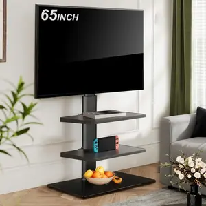 FITUEYES Tempered Glass Base Floor TV Stand for 32-65 inch TVs with Two Shelves