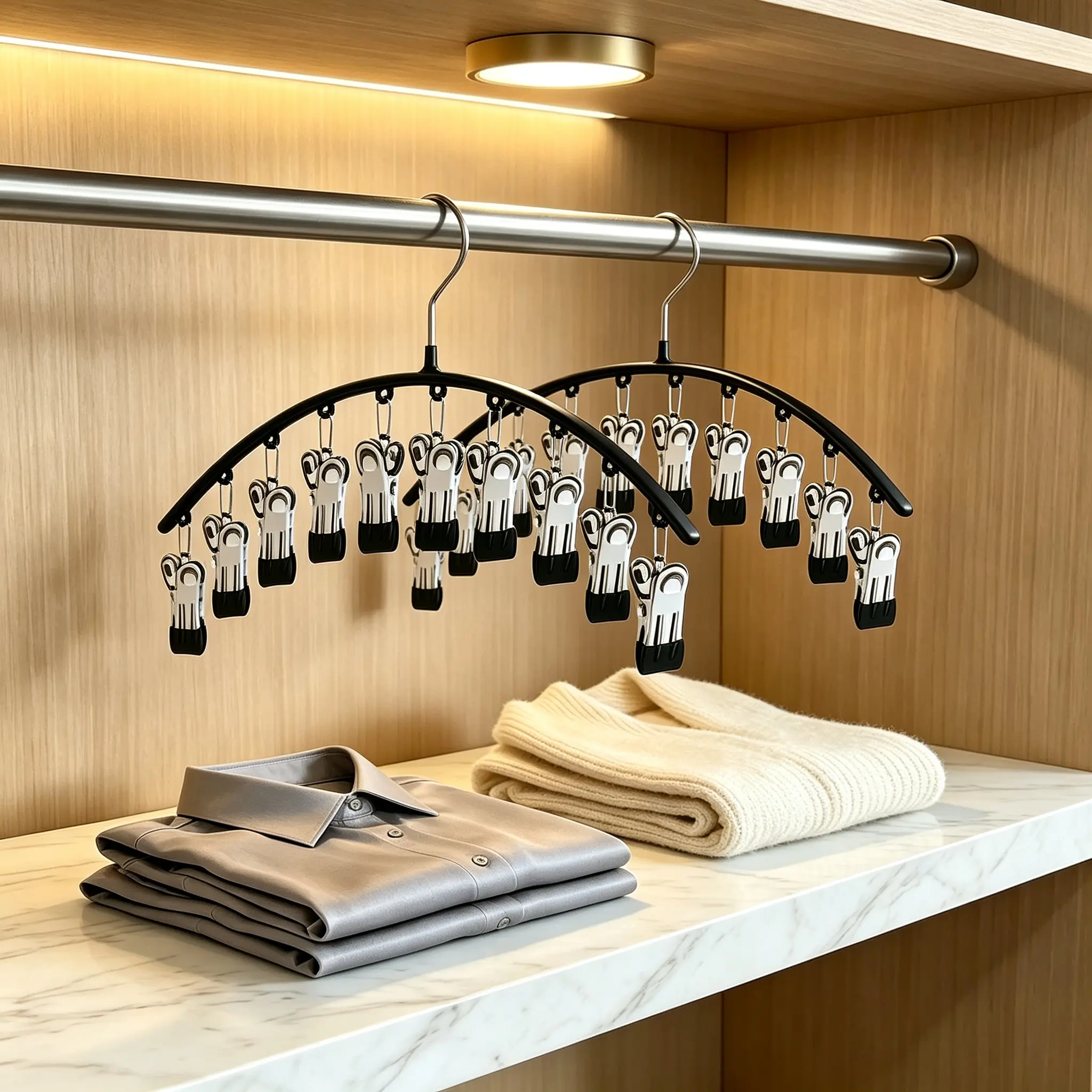 Women's Smooth Multifunctional Stainless Steel Hangers, 2-Pack Plastic 10-Clip Anti-Snagging Space-Saving Closet Organizers with Hook for Hanging Jeans, Leggings