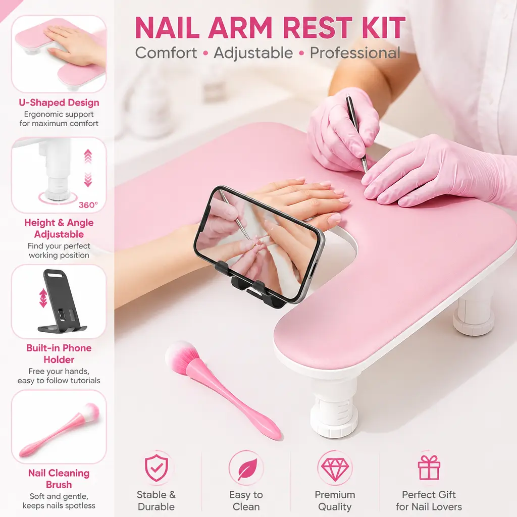 Pink PU Material Manicure Nail Care Complete Station - Non-Slip U-Shaped Manicure Arm Rest, 3-Level Adjustable Height, 360° Rotating Holder, Cleaning Brush Set for Hands-Free Use, Durable, Strain-Reducing, Easy Assembly, Home & Salon Nail Art Supplies