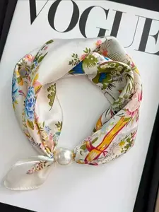 Pearl Magnetic Clasp Necklace Scarf, Floral Bird Pattern Pendant, Soft Comfortable Wrap, Fashion Accessory, Casual Versatile, Holiday