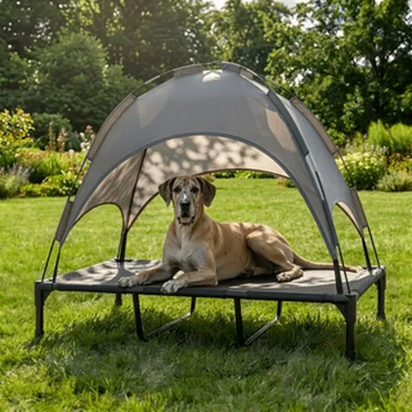 Elevated Dog Bed with Canopy, Outdoor Cooling Raised Pet Cot for Large Dogs, Breathable Mesh Sun Shade Tent, Camping Dog Accessories and Supplies, Cama Elevada Para Perros