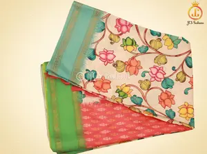 Satin Saree with Pitchwai And Kalamkari Design, Fully stitched blouse