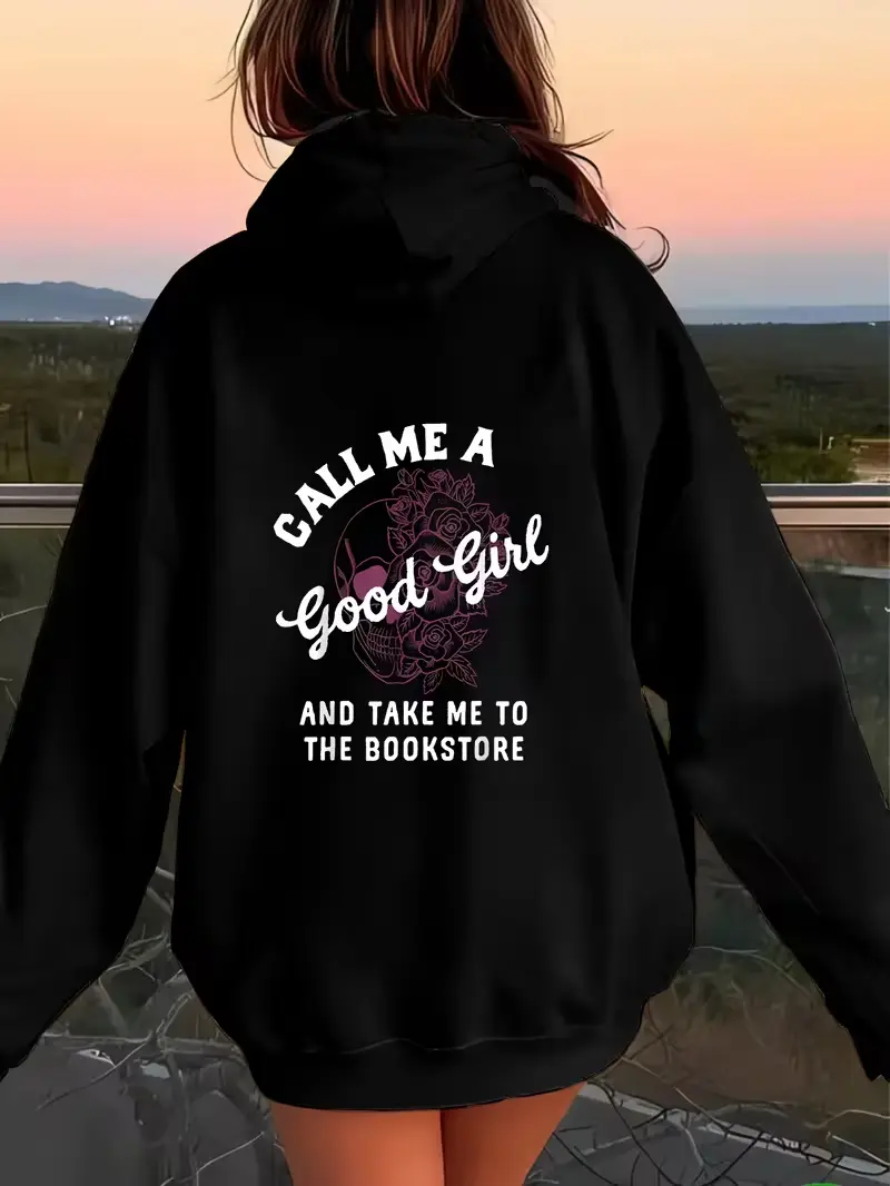 Dark Sweet Cool Style Hooded Sweatshirt with Skull, Rose, and Text Print on the Back
