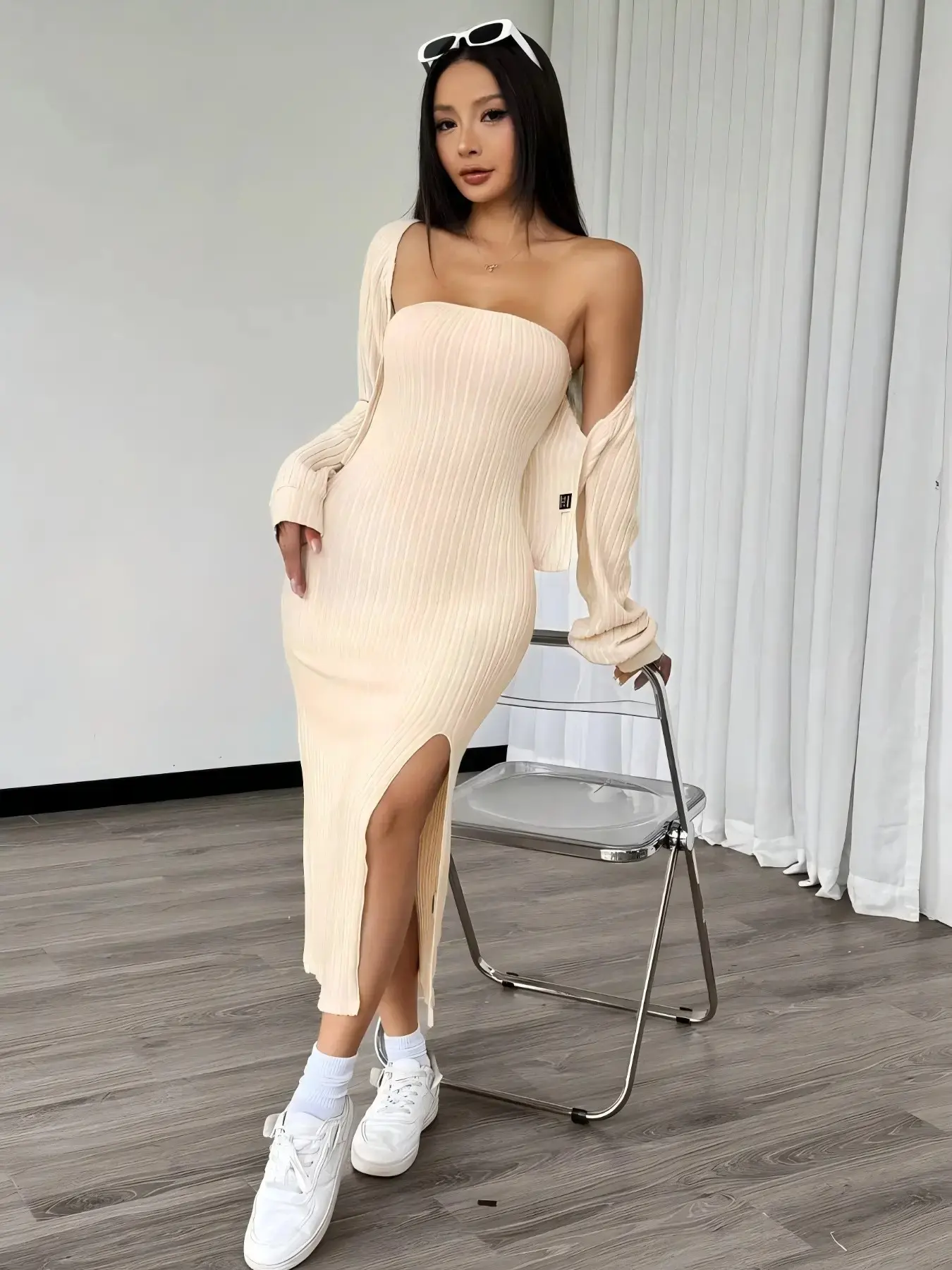 Women's Knitted Long Sleeve Cardigan & Cami Dress Set, Casual Fashion, Comfortable and Stylish, Perfect for Daily Wear