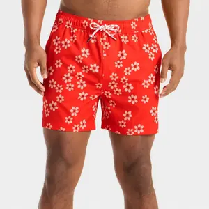 Men's 5" Swim Trunks with Boxer Brief Liner - Goodfellow & Co Red Floral Print XXL