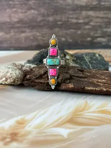 Handmade Sterling Silver Spring Collection: Bumblebee with Hot Pink and Kingman Adjustable Ring "Signed Nizhoni"