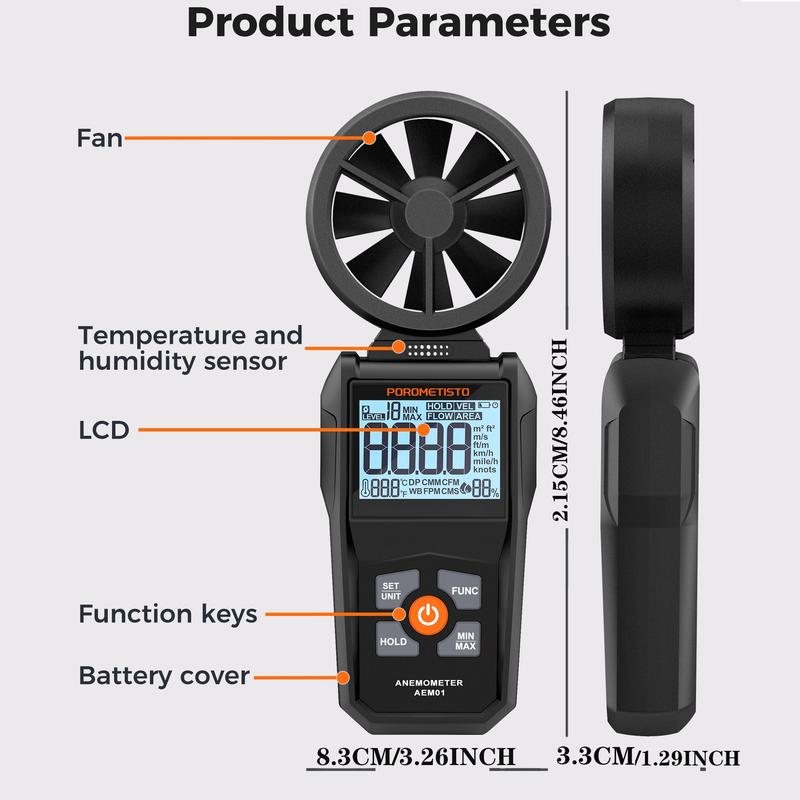 POROMETISTO AEM01 Digital Anemometer 0.8~40m/s Wind Speed Meter Handheld Humidity Air Velocity Airflow -20~60°C Temperature Test