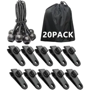 20 Pack - 10 count Tarp Clips & 10 count Ball Bungee Cords, Heavy Duty Tarp Clamps for Tent Awnings Caravan Canopies  Cover Swimming Pool Cover Boat Cover Fasteners Clips (20 Pack)