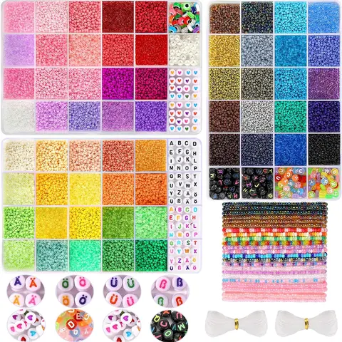 Funtopia 36600-Count 60-Color 2mm Tiny Glass Bead Assortment with 3 Storage Boxes, 0.5mm Letter, Evil Eye, Heart & Smile Beads, Lightweight Comfy Wear DIY Jewelry Making Kit for Women (Family Gathering Use)