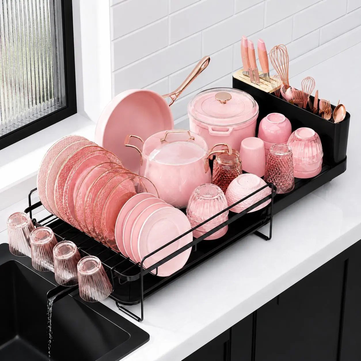 Black Extendable Dish Drying Rack for Kitchen Countertop, Dish Drainer with Utensil Holder, Cup & Bowl Rack