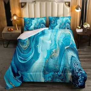 Marble Comforter Set,Teal Blue Marble Down Comforter,Gold Liquid Quicksand Design Quilted Duvet,Turquoise Decorative Piece Bedding Set