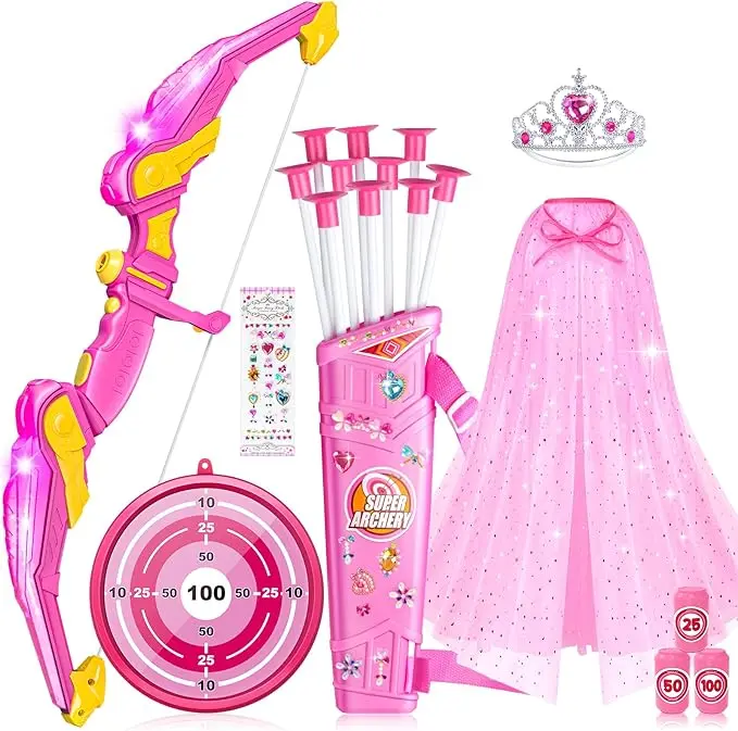 Children's LED Light-Up Archery Set Toy with Princess Cape, Crown & 10 Suction Cup Arrows, Kids Outdoor Play Option, Indoor/Outdoor Use, Birthday Gift for Boys & Girls, Summer Vibes Clothing