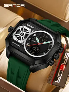 Sanda Triple Movement Electronic Watch, 4 Time Zones Countdown Sports Men's Watch, Large Dial Night Glow Wristwatch, Multifunctional Watch, Luminous Analog Watch, Quartz Analog Wristwatch, Sporty Waterproof Watch