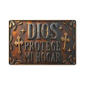 12×8 Inch "Dios Protege Mi Hogar" Vintage Metal Tin Sign, Spanish Christian Cross Wall Decor for Home Accessories
