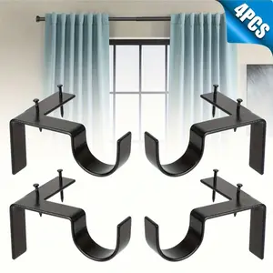 4-Piece No-Drill Adjustable Curtain Rod Brackets, Heavy-Duty Metal Wall Mount Support, Easy Installation, Classic Finish, Secure Wall Fixing, Curtain Rod Holders
