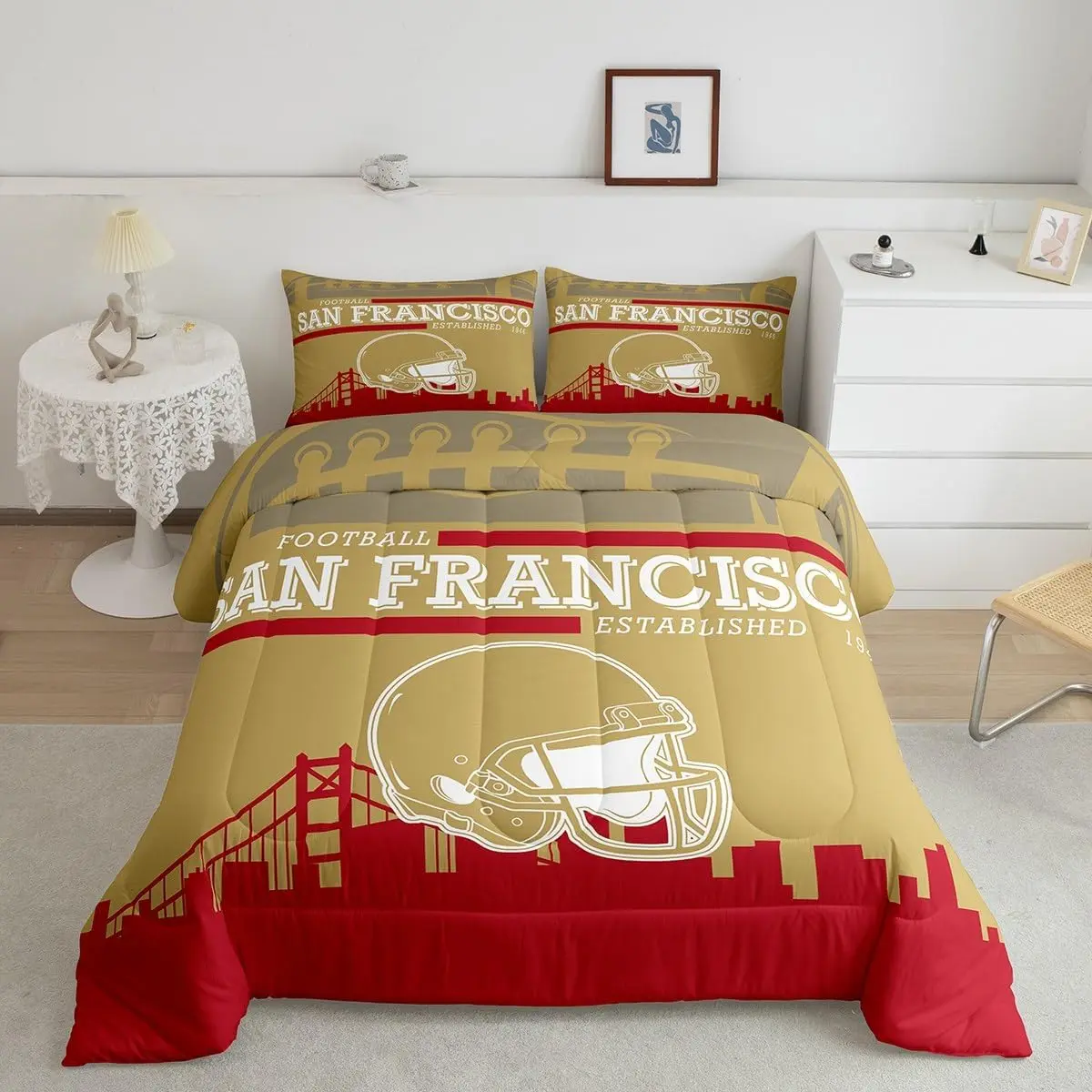 Feelyou San Francisco Football City Helmet Themed Bed Comforter Set - Soft Textile Household Bedding Quilt Set for Bedroom Soft Furnishings, Household Bedding Set