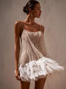 2026 New Party Dress, Sexy Backless Short Skirt, Layered Fringe Net Feather Bead Strappy Dress, Trendy Sleeveless Fashion Skirt