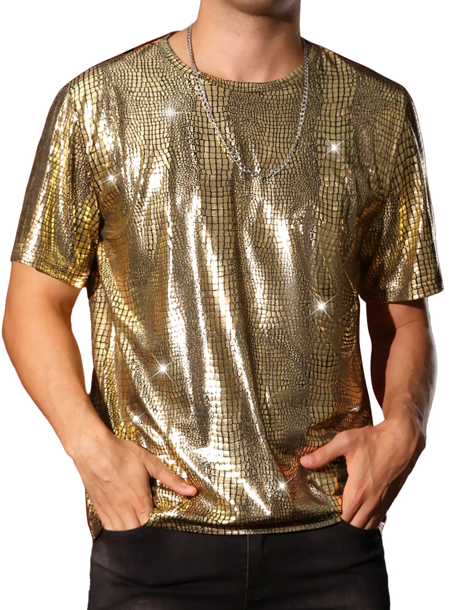 INSPIRE CHIC Metallic T-Shirt for Men's Crocodile-Pattern Short Sleeves Disco Party Animal Printed Tee Tops