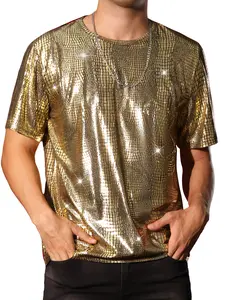 INSPIRE CHIC Metallic T-Shirt for Men's Crocodile-Pattern Short Sleeves Disco Party Animal Printed Tee Tops