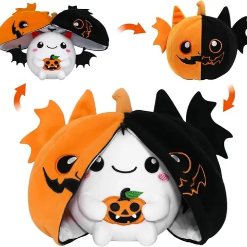 2-in-1 Dual Design Cute Halloween Pumpkin Bat Plush Toy Soft Adorable Stuffed Huggable Pumpkin Cosplay Bat Plush Doll Animal Bat Plushie Cuddly Stuffed Animals Halloween Gift for Kids Party Decor Huggable Collectible