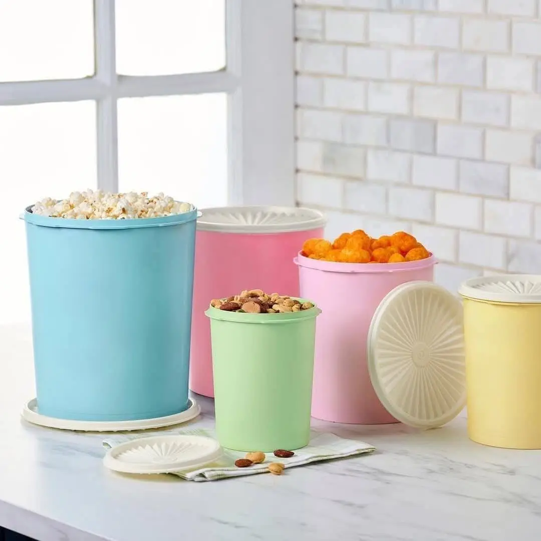 Set of 5 Vintage Canister Storage Set for staples, flour, sugar and more. Classic sunburst seal -  Airtight storage locks in freshness and flavor Sturdy, dishwasher-safe material..Canisters nest neatly for efficient storage