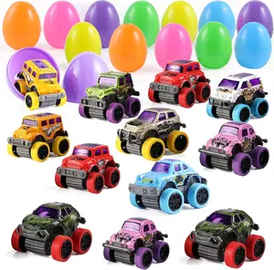JOYIN 12 Pcs Easter Eggs Filled with Pull Back Monster Cars, Easter Trucks Cars for Kids ​Egg Hunt, Basket Stuffers Filler and Classroom Prize Supplies, Party Favors