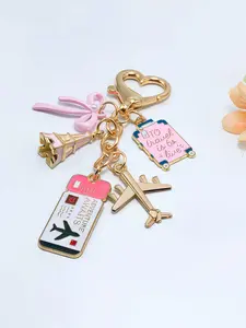 Heart-shaped lobster clasp Travel Theme Enamel Keychain, Keychain Hook, with Tower Suitcase Airplane Charms Passport Bow Keyring Pink Bag Pendant Bag Charm Car Key Backpack Accessory gift for Travel Lovers