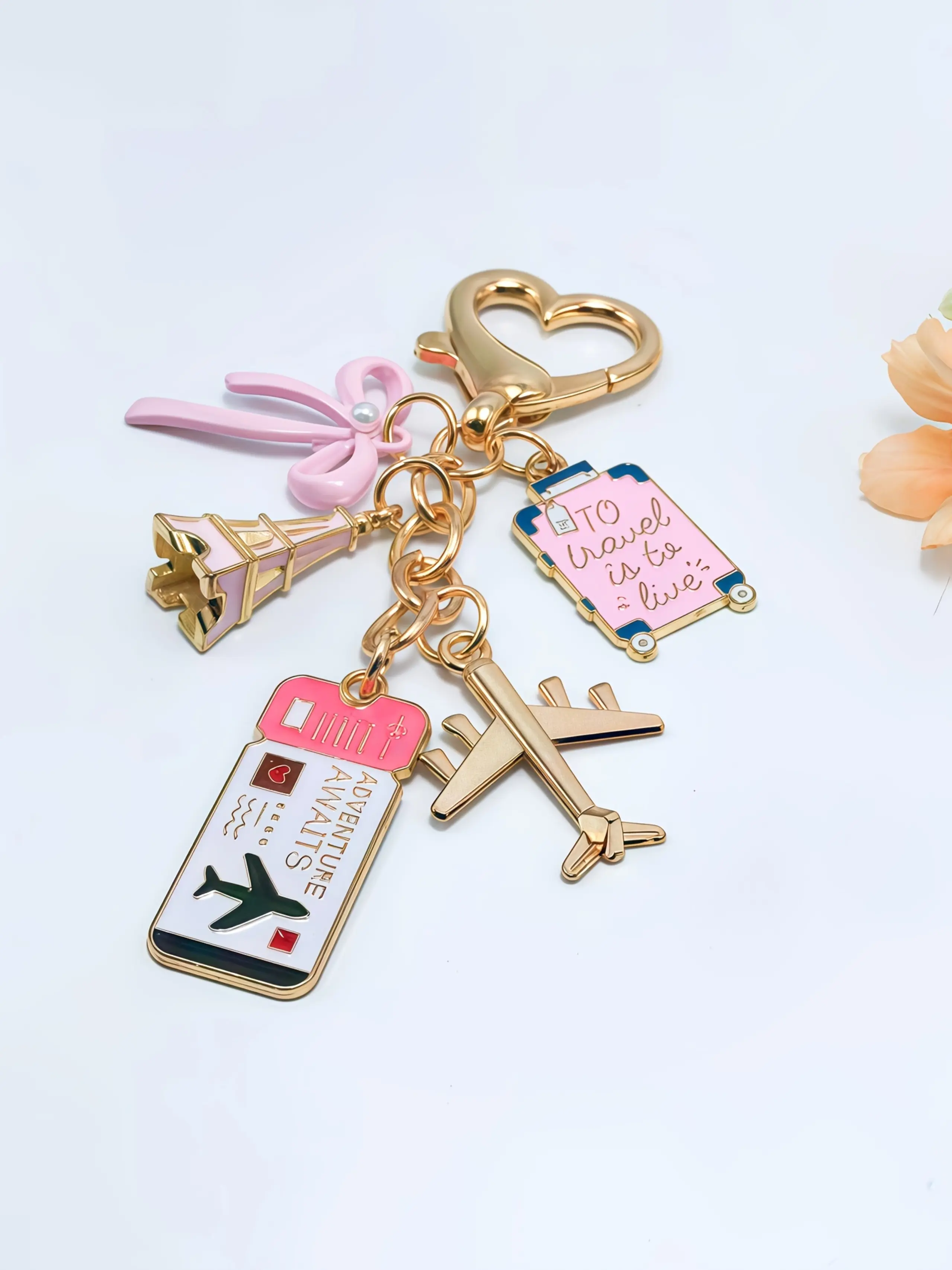 Heart-shaped lobster clasp Travel Theme Enamel Keychain, Keychain Hook, with Tower Suitcase Airplane Charms Passport Bow Keyring Pink Bag Pendant Bag Charm Car Key Backpack Accessory gift for Travel Lovers Cute Keychains For Car Keys